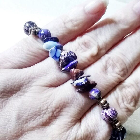 🍂🍁🍃 3/$25!!! Purple Semi-Precious Stone & Glass Beads Bracelet 6-6.5" - Picture 6 of 10